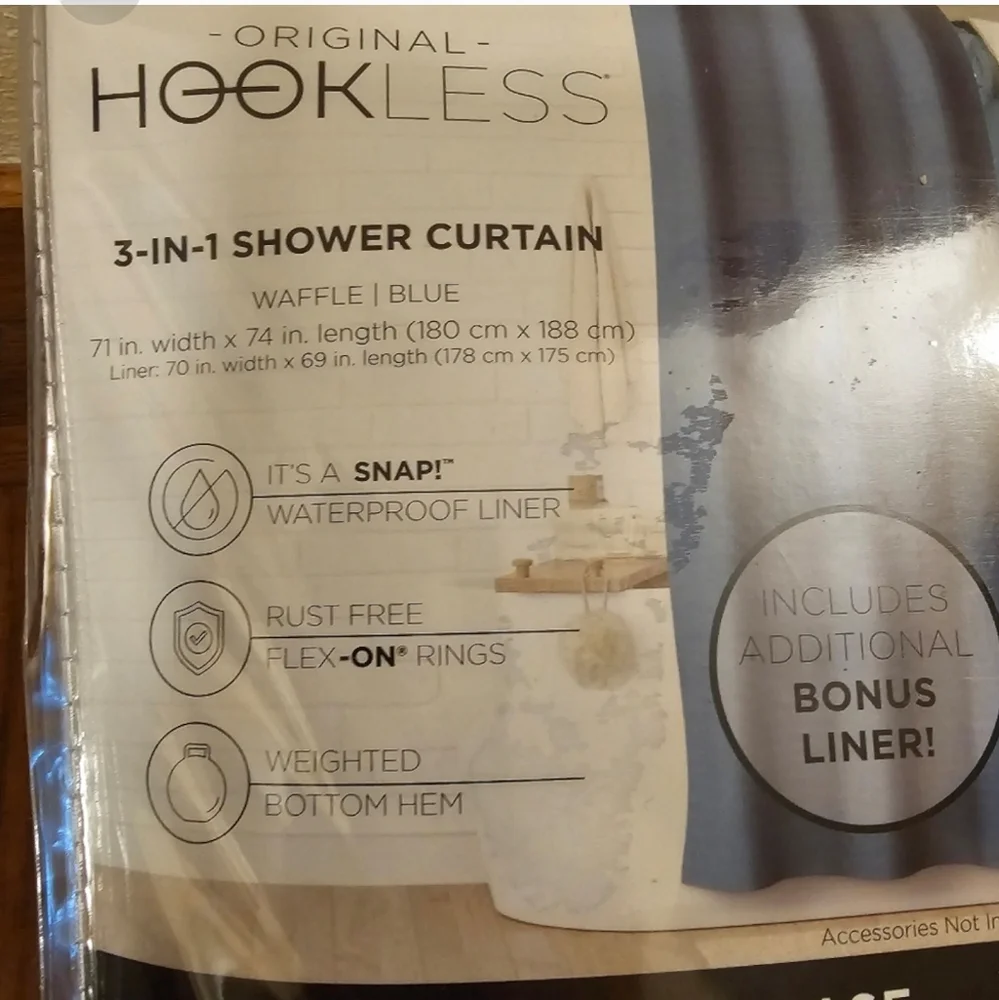 Original Hookless 3-in-1 Waffle Fabric Shower Curtain Set Blue with Bonus Liner